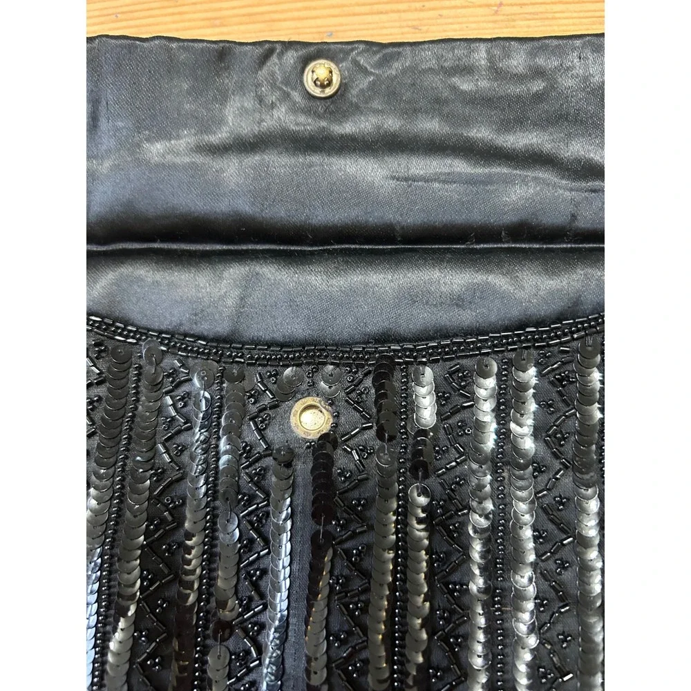 Vintage Made in France 1940s Black Bead Sequin Envelope Clutch Evening Handbag